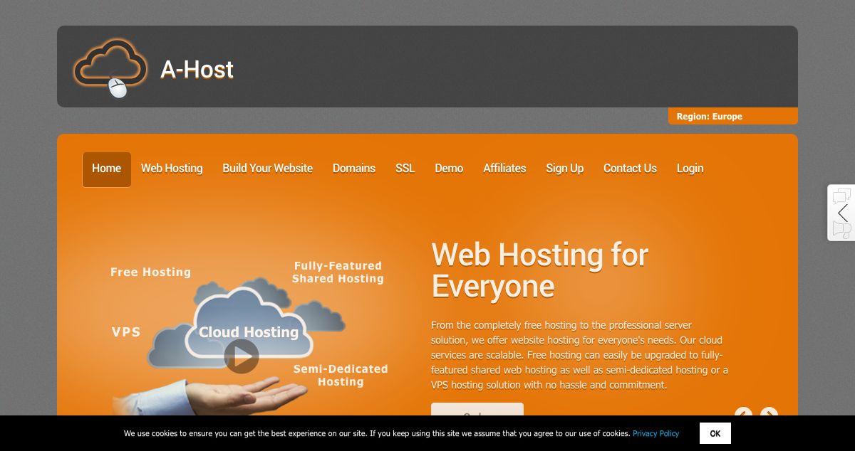 Homepage of A-Host hosting