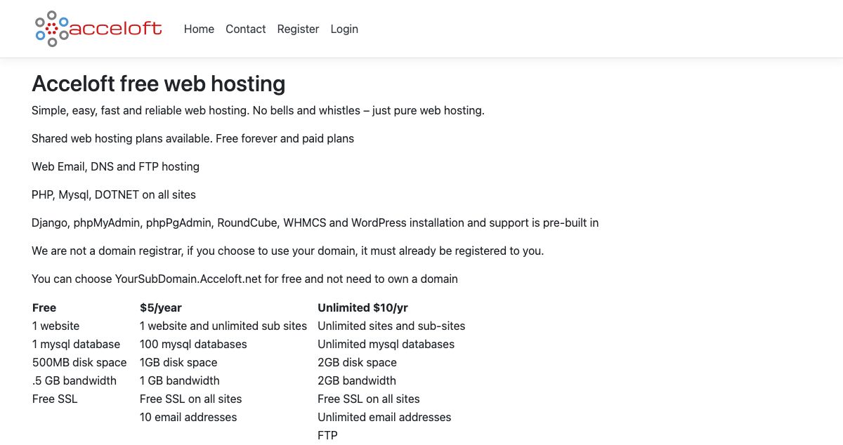 Homepage of Acceloft hosting