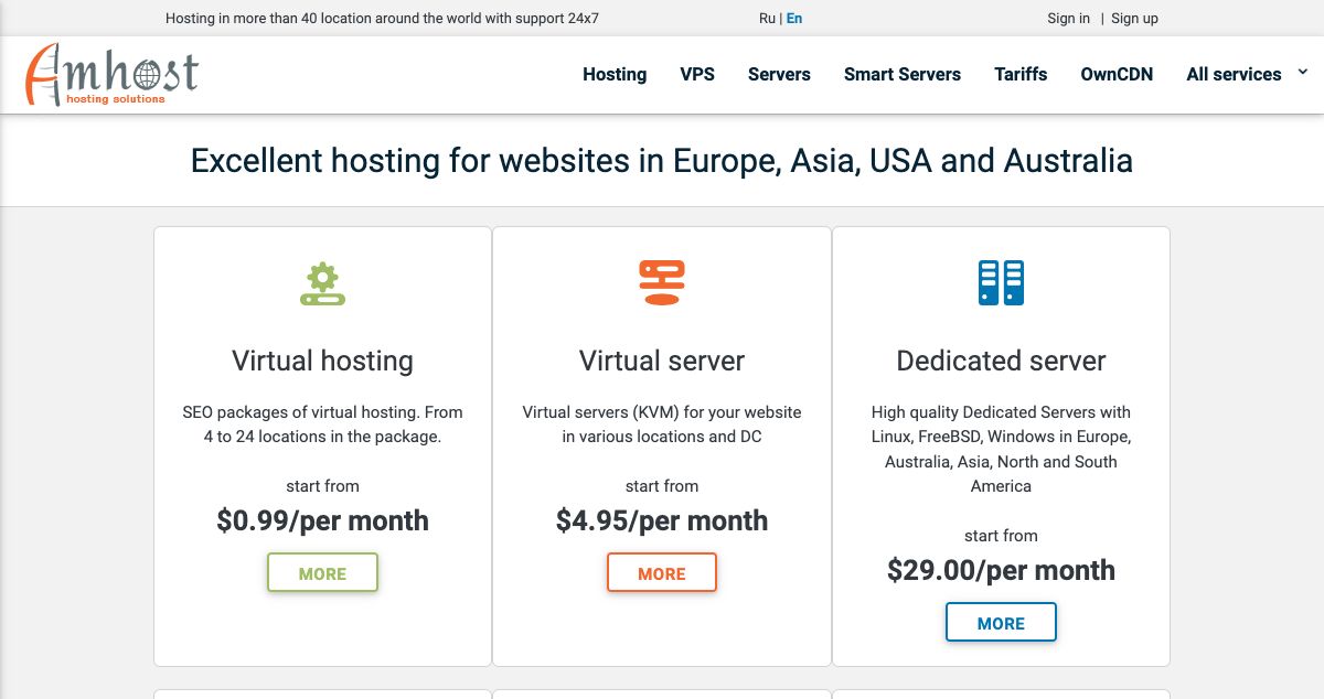 Homepage of AmHost hosting