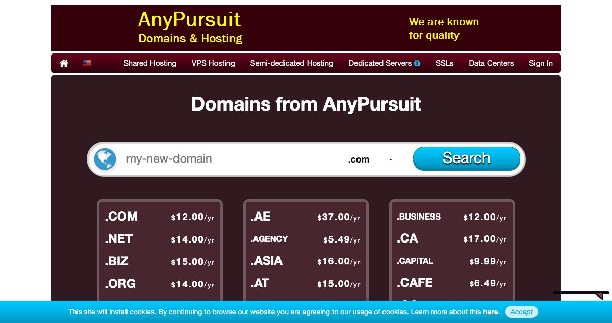 Homepage of AnyPursuit Hosting Network hosting