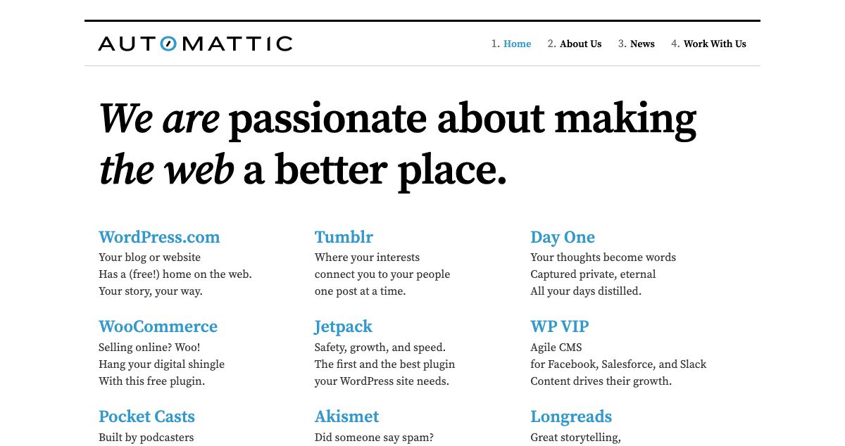 Homepage of Automattic hosting