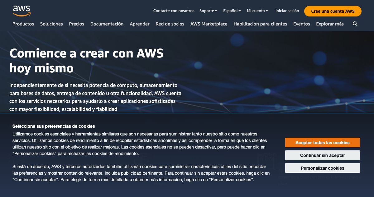 Homepage of Amazon Web Services (AWS) hosting