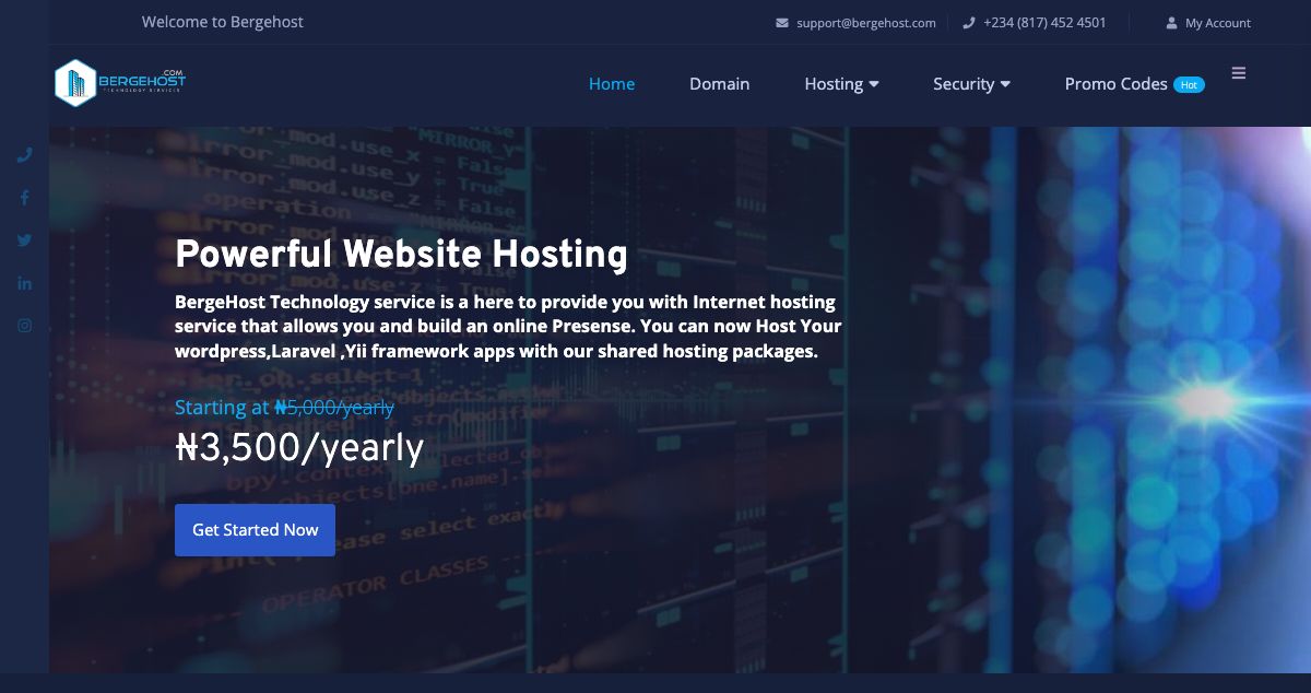 Homepage of Bergehost Technology Services hosting