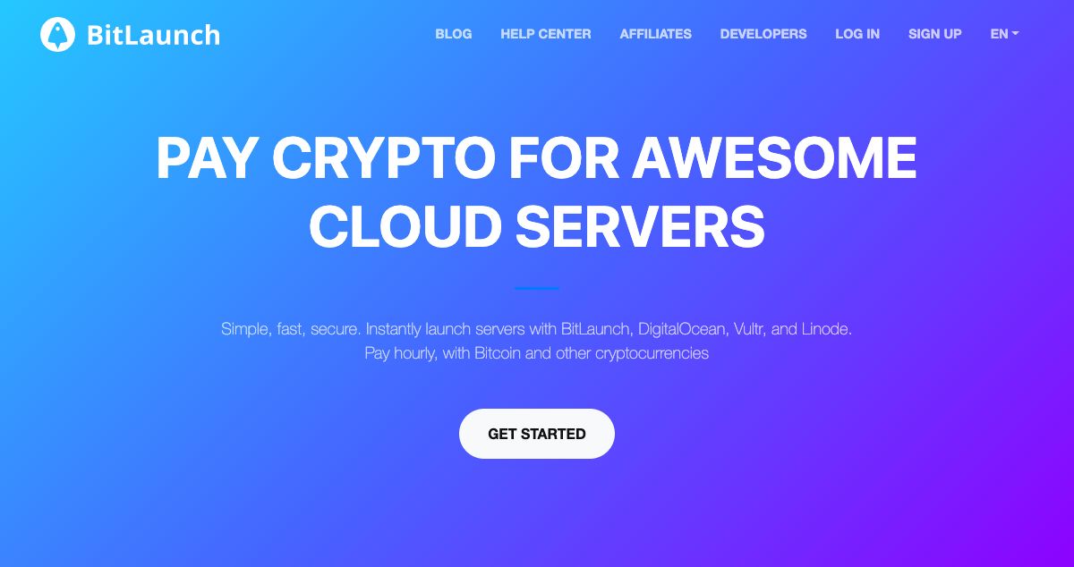 Homepage of BitLaunch hosting