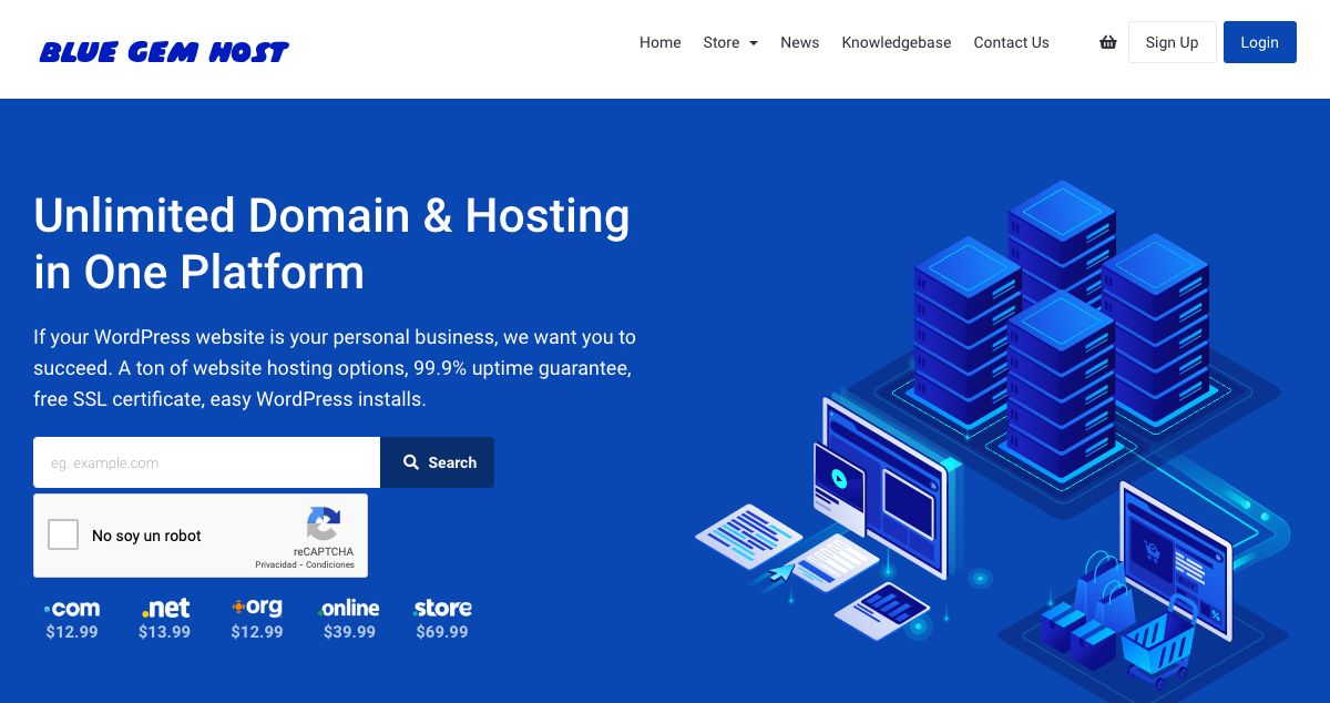 Homepage of Blue Gem Host hosting