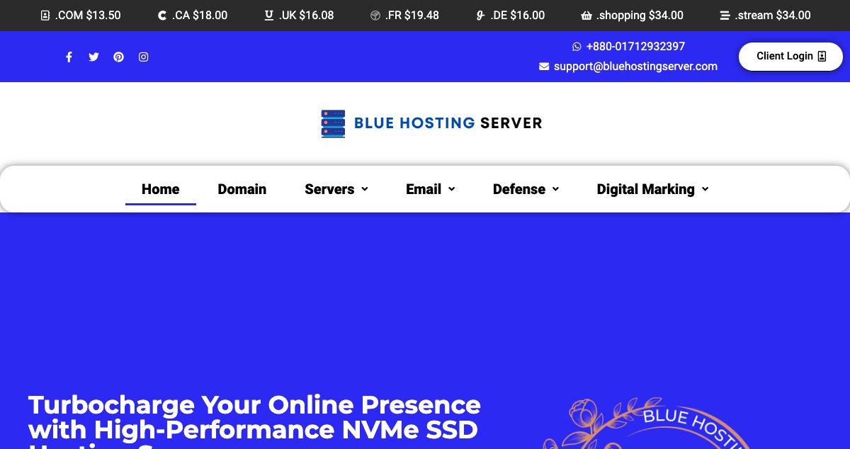 Homepage of Blue hosting server hosting