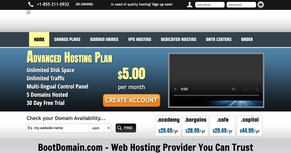 Homepage of BootDomain.com hosting