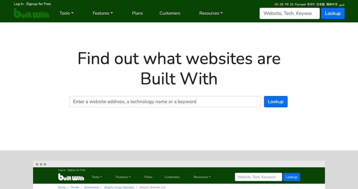 Homepage of BuiltWith hosting