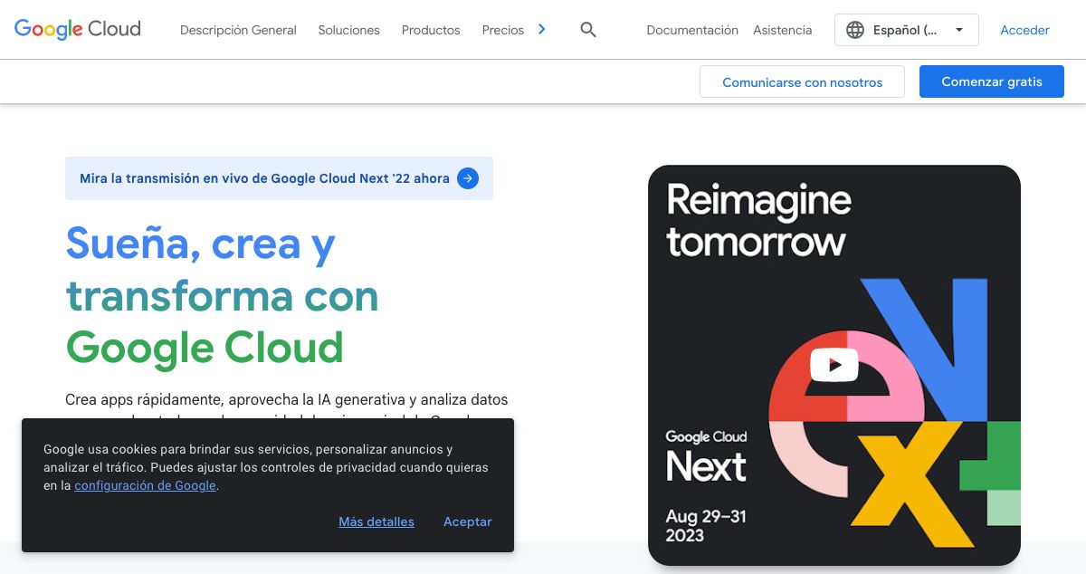 Homepage of Google Cloud Platform hosting