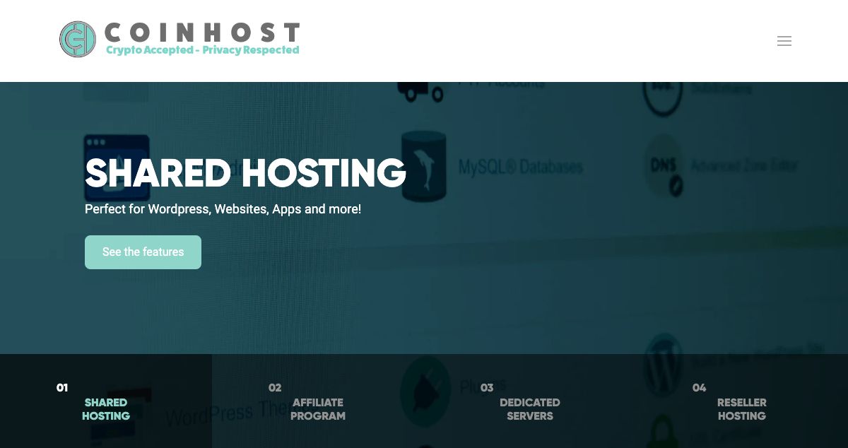 Homepage of Coinhost.io hosting