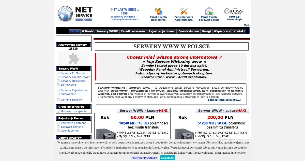 Homepage of NET service hosting