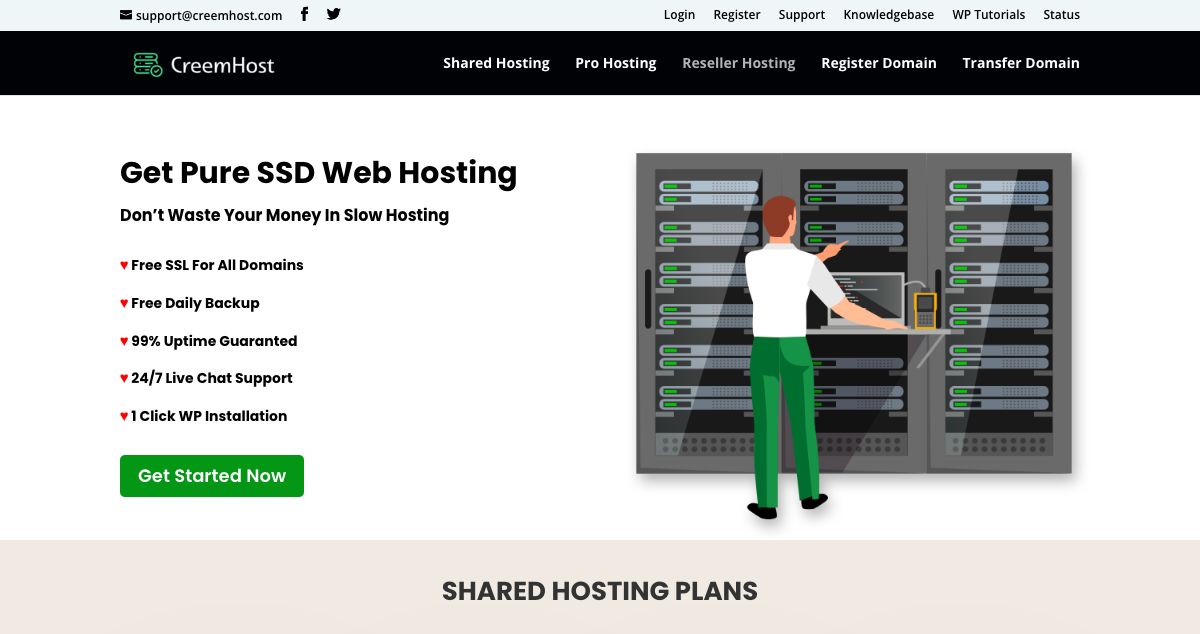 Homepage of CreemHost hosting