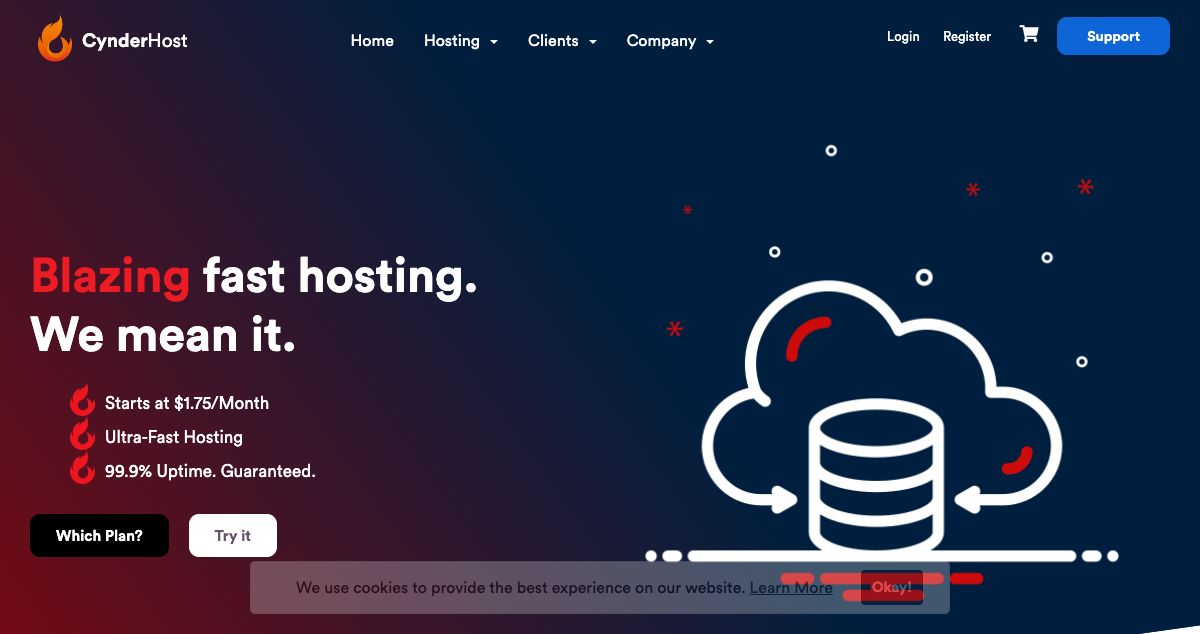 Homepage of CynderHost hosting