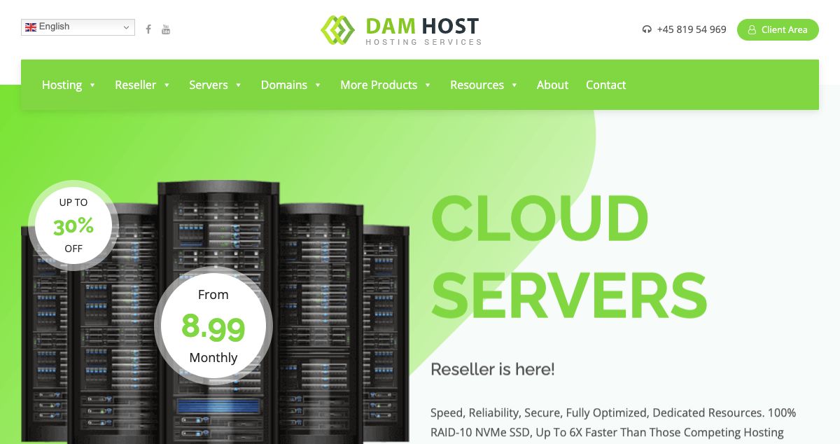 Homepage of DamHost hosting