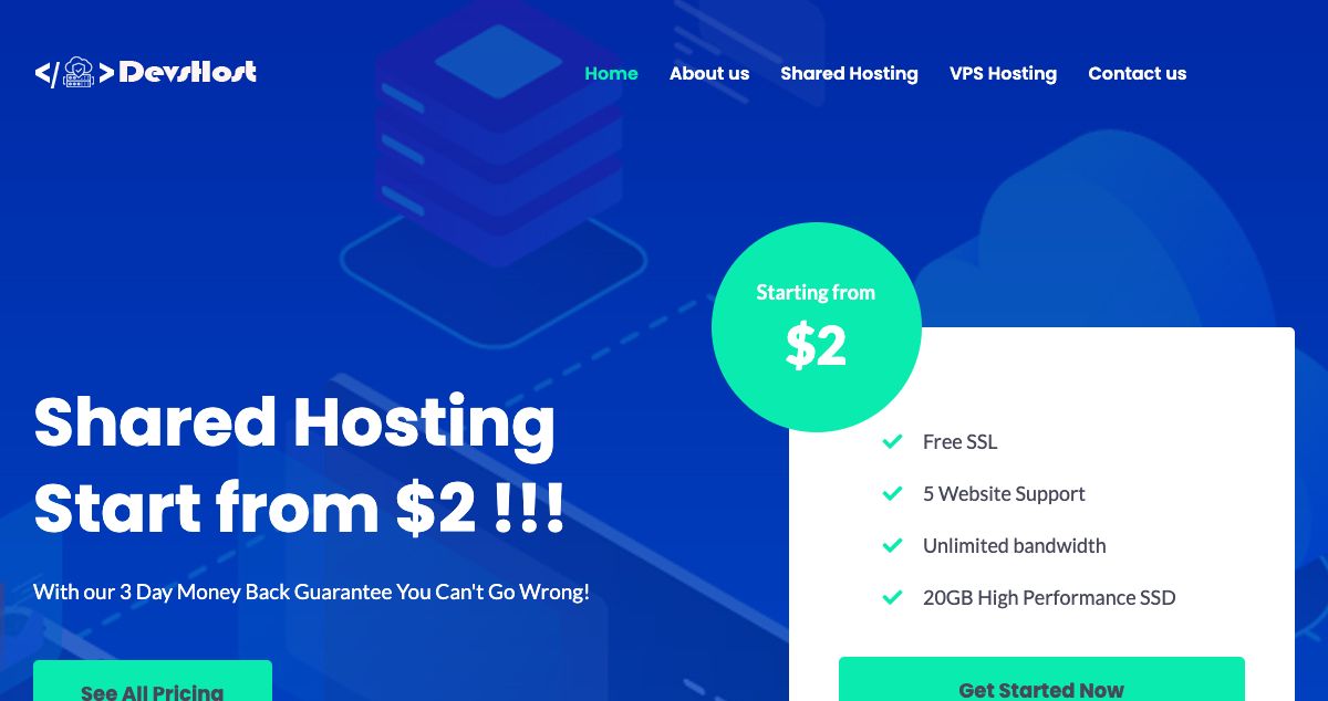 Homepage of DevsHost hosting