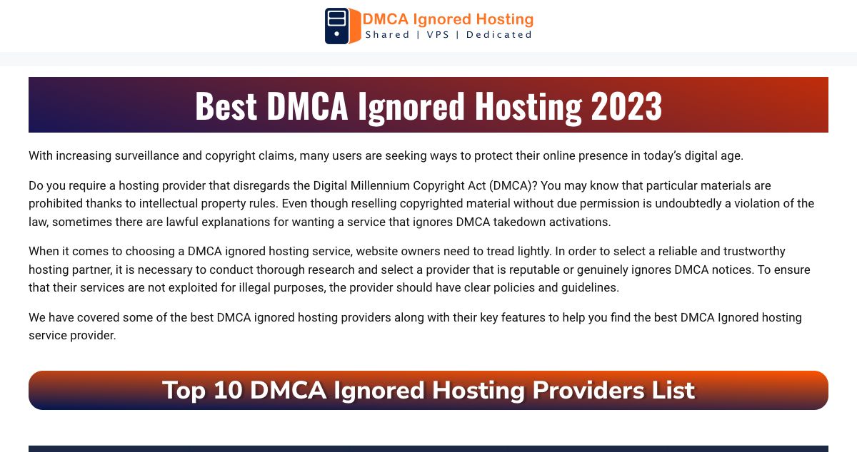 Homepage of DMCAIgnoredHosting.com hosting