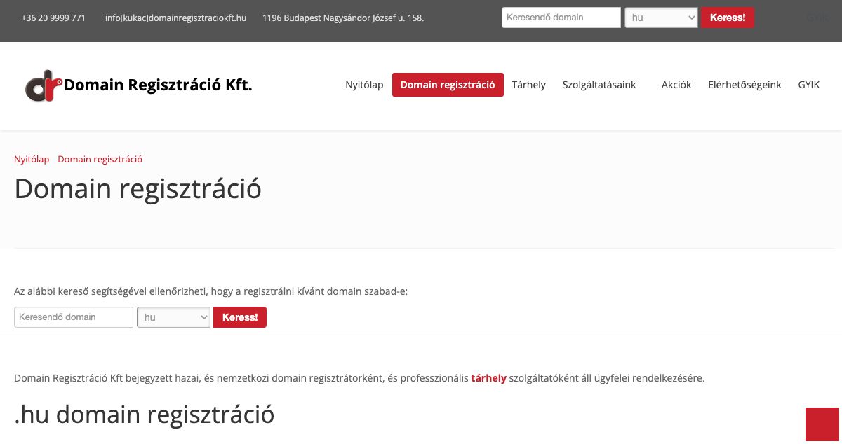 Homepage of Domain Regisztráció Kft. hosting