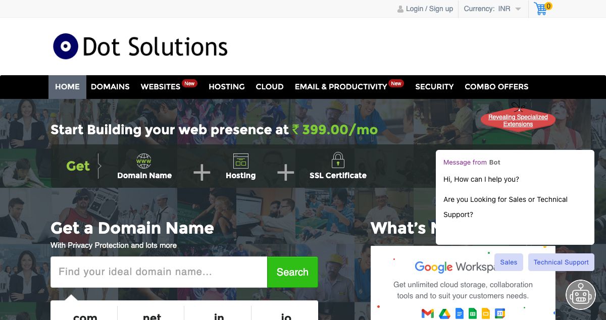 Homepage of Dot Solutions hosting