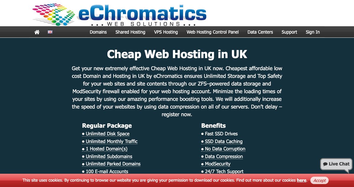 Homepage of eChromatics UK hosting