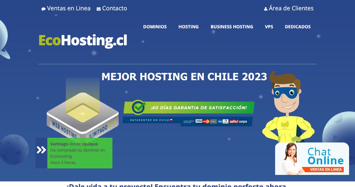 Homepage of EcoHosting.cl hosting