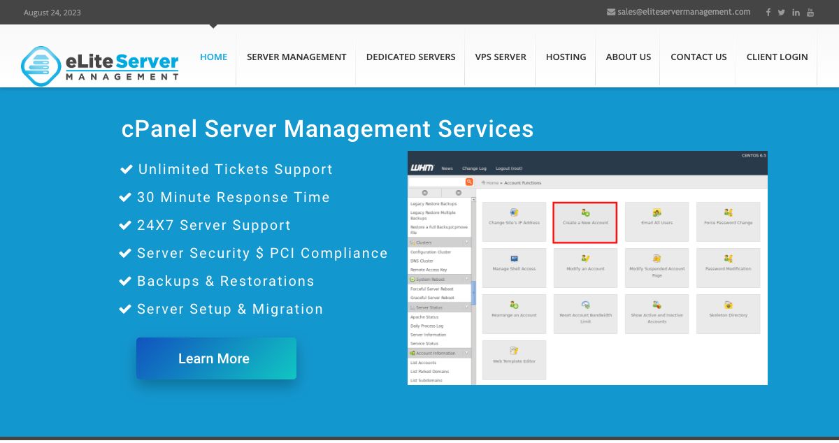 Homepage of Elite Server Management hosting