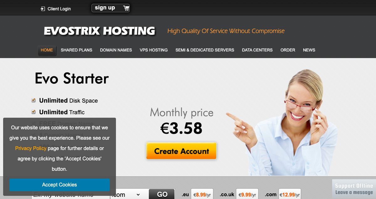 Homepage of Evostrix Hosting hosting