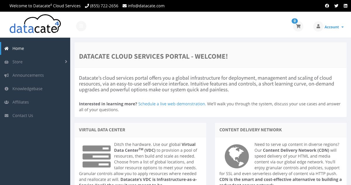 Homepage of Datacate, Inc hosting