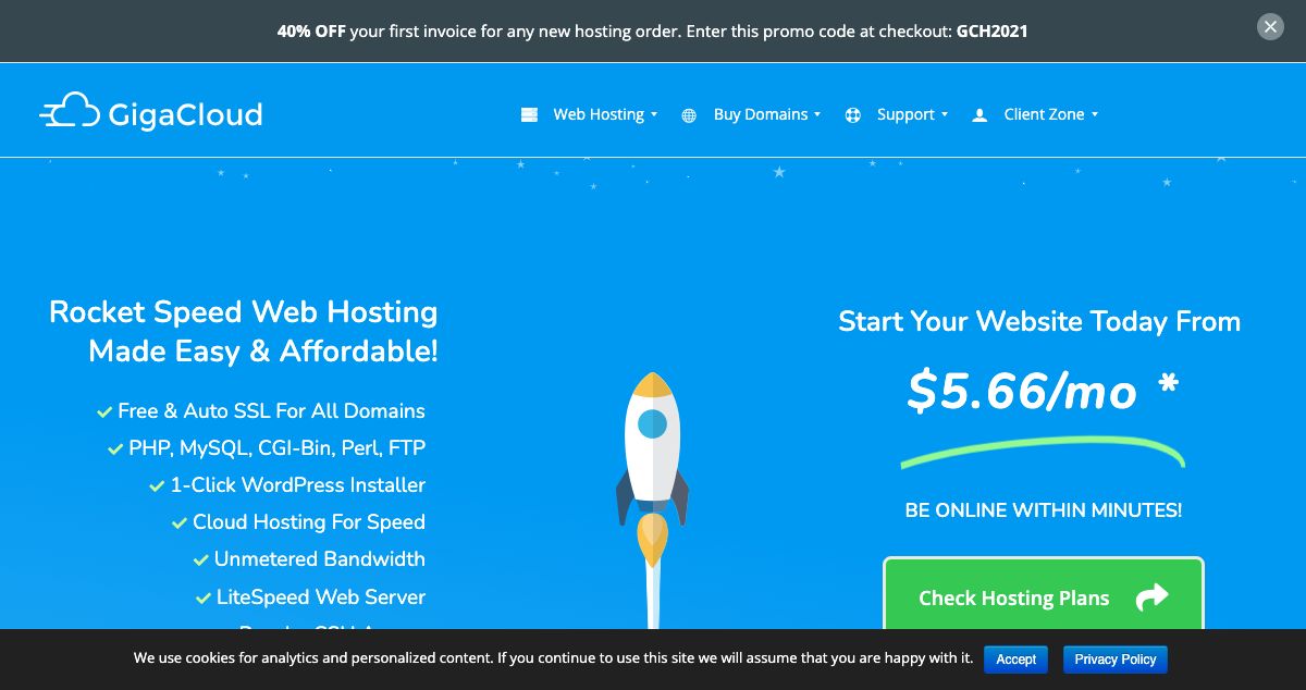 Homepage of GigaCloud Hosting hosting