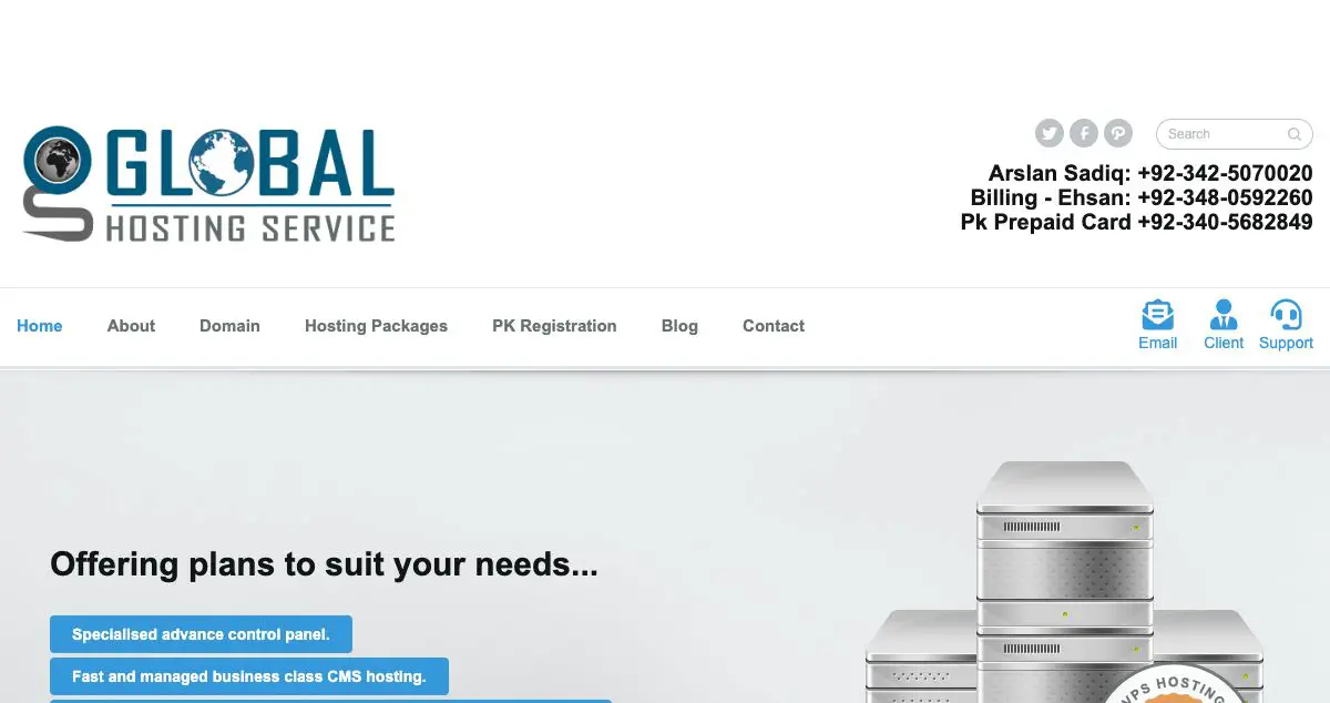Homepage of Global Hosting Service hosting