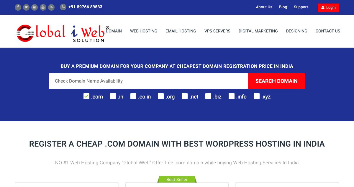 Homepage of Global I Web Solution hosting