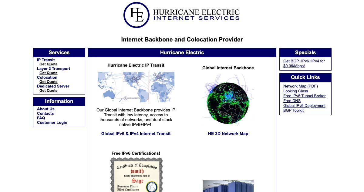 Homepage of Hurricane electric hosting