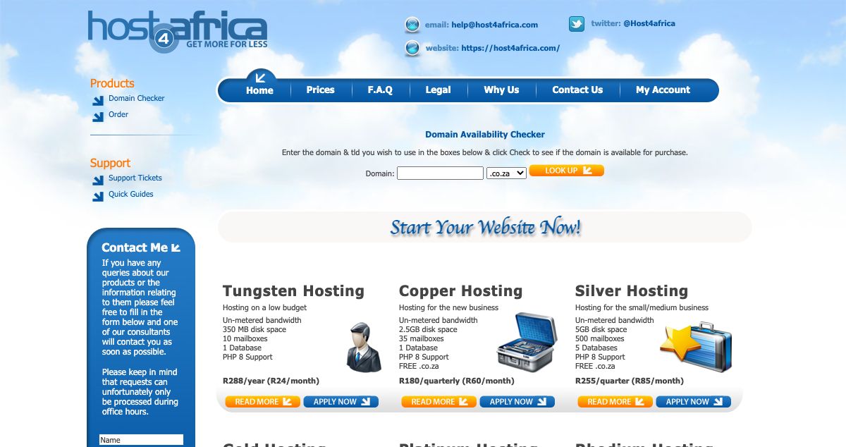 Homepage of Host4Africa hosting