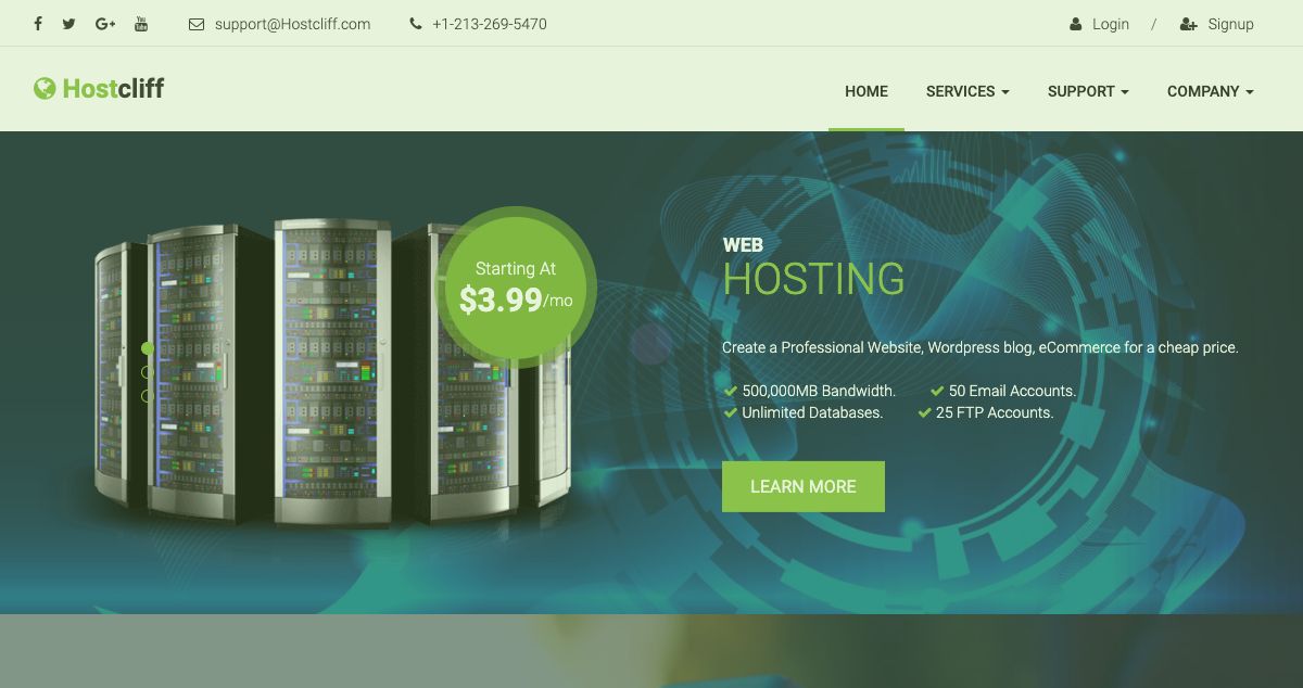 Homepage of HostCliff hosting