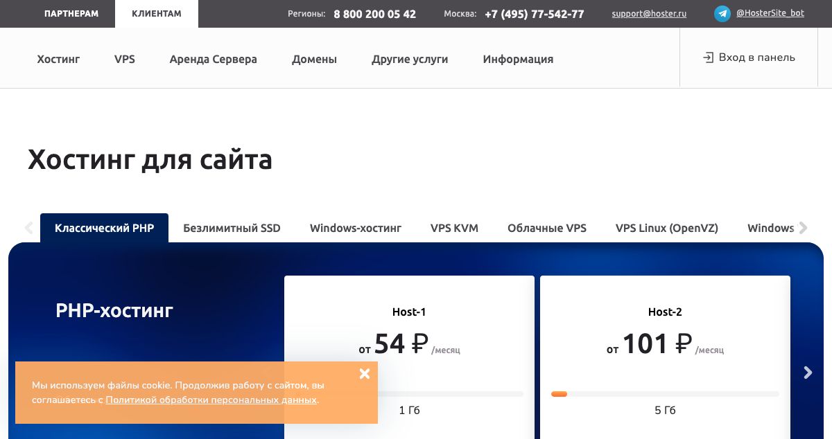 Homepage of Hoster.ru hosting