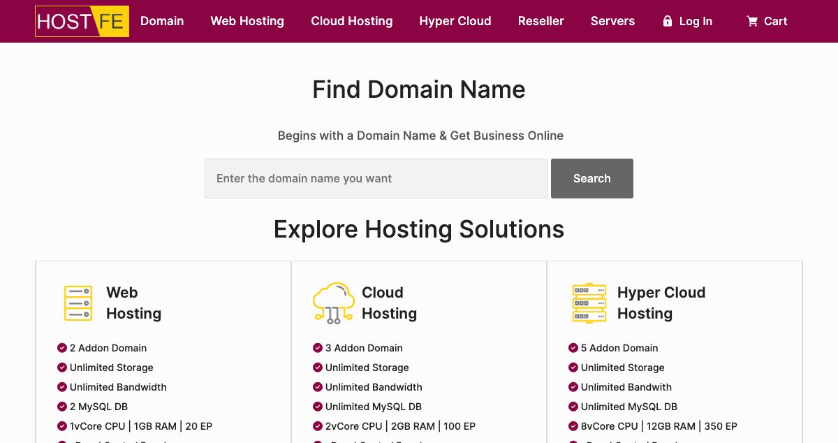 Homepage of HostFe hosting