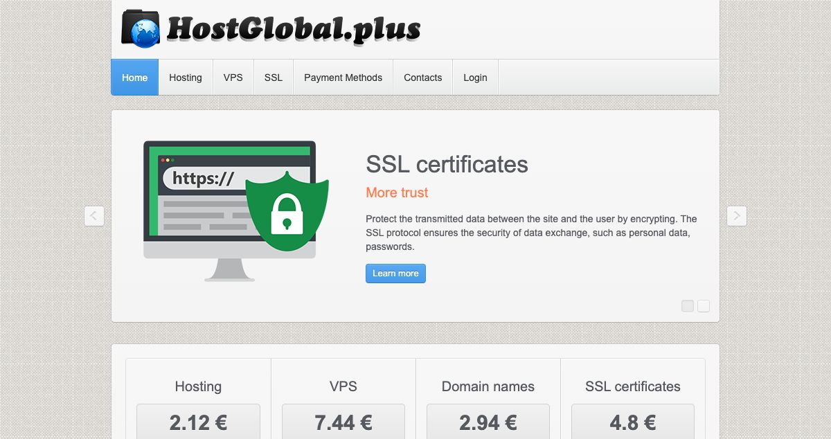 Homepage of HostGlobal.plus hosting