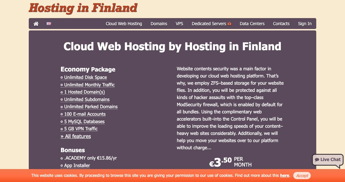 Homepage of Hosting in Finland hosting