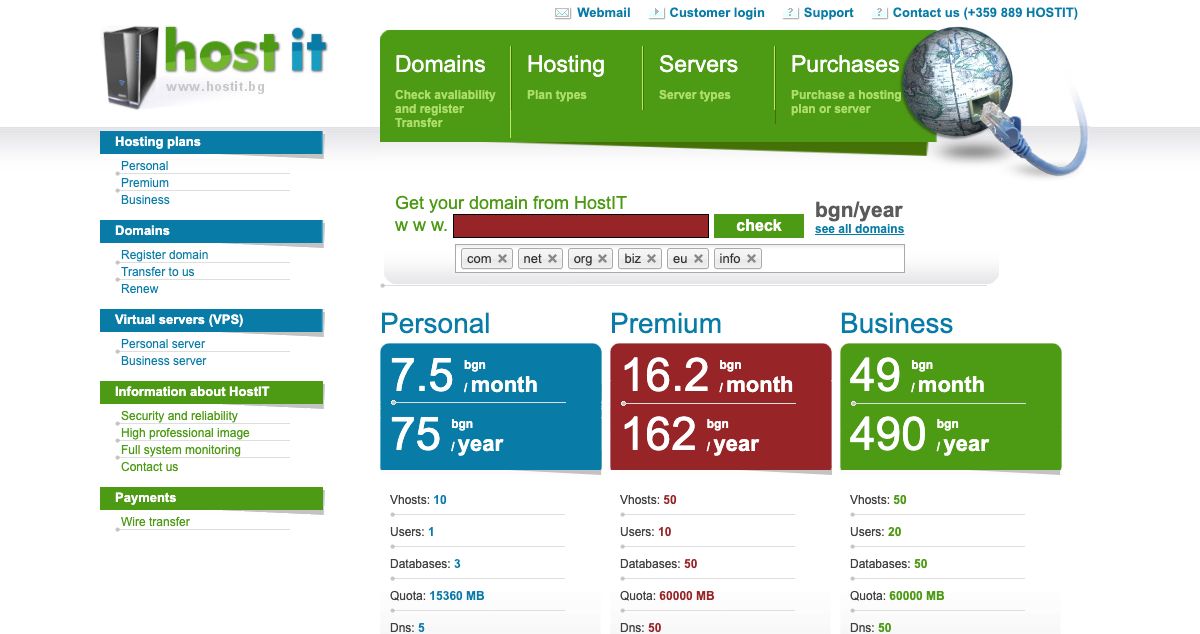 Homepage of HostIT hosting