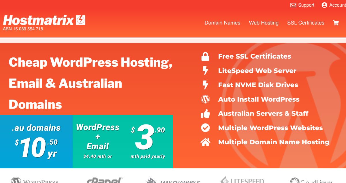 Homepage of Hostmatrix.com.au hosting