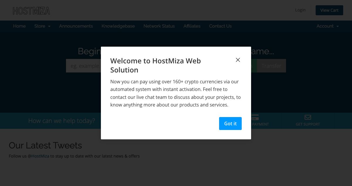 Homepage of HostMiza hosting