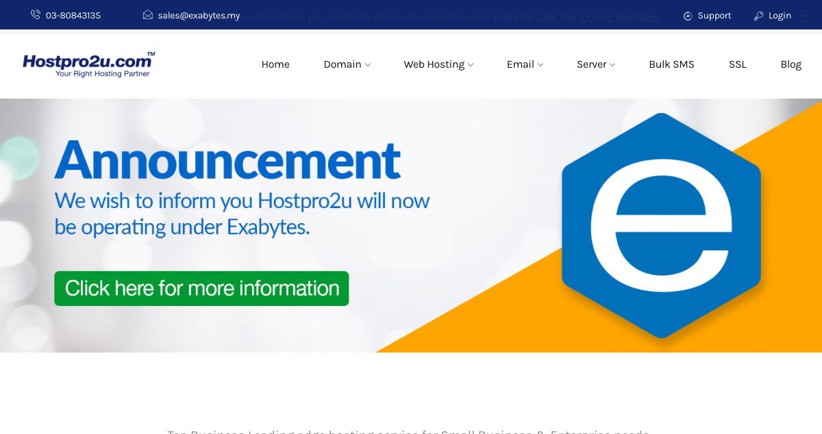 Homepage of Hostpro2u hosting