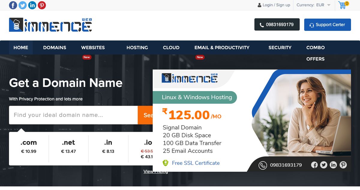 Homepage of Immence Web hosting