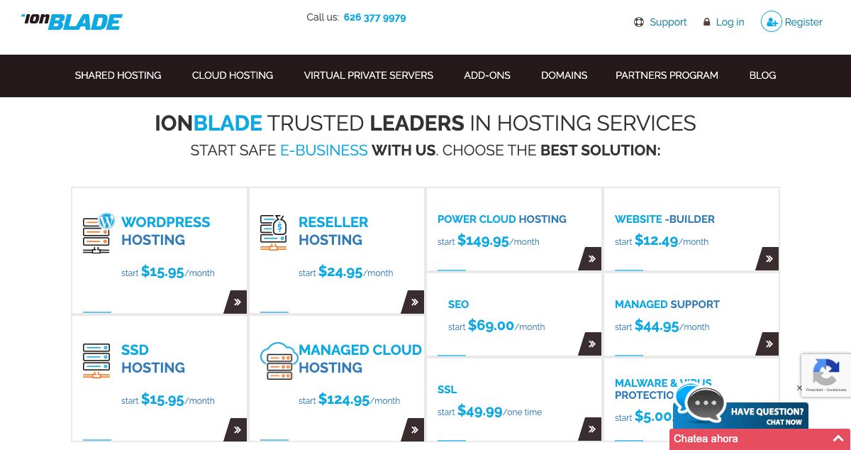 Homepage of Ionblade Web Hosting hosting