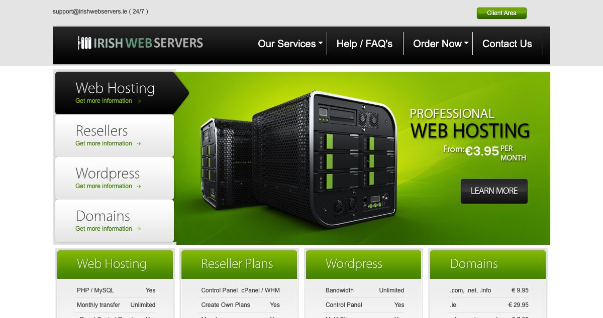 Homepage of Irish Web Servers hosting