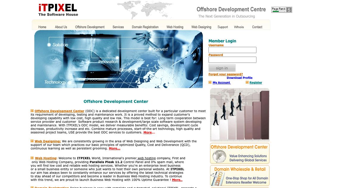 Homepage of ITPixel Software House hosting