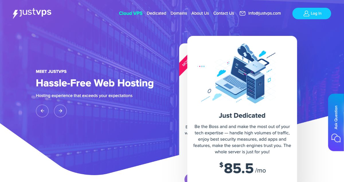 Homepage of JustVPS hosting