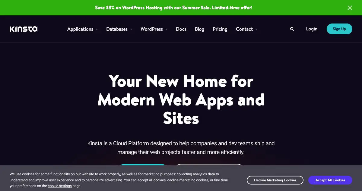 Homepage of Kinsta hosting
