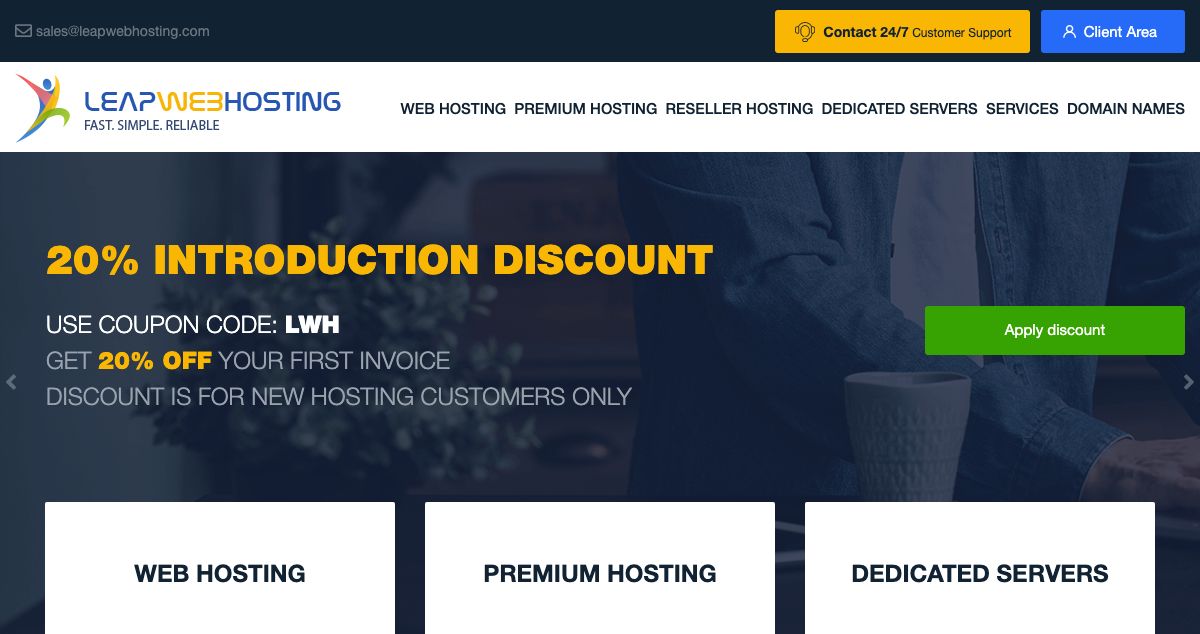 Homepage of LeapWebHosting hosting