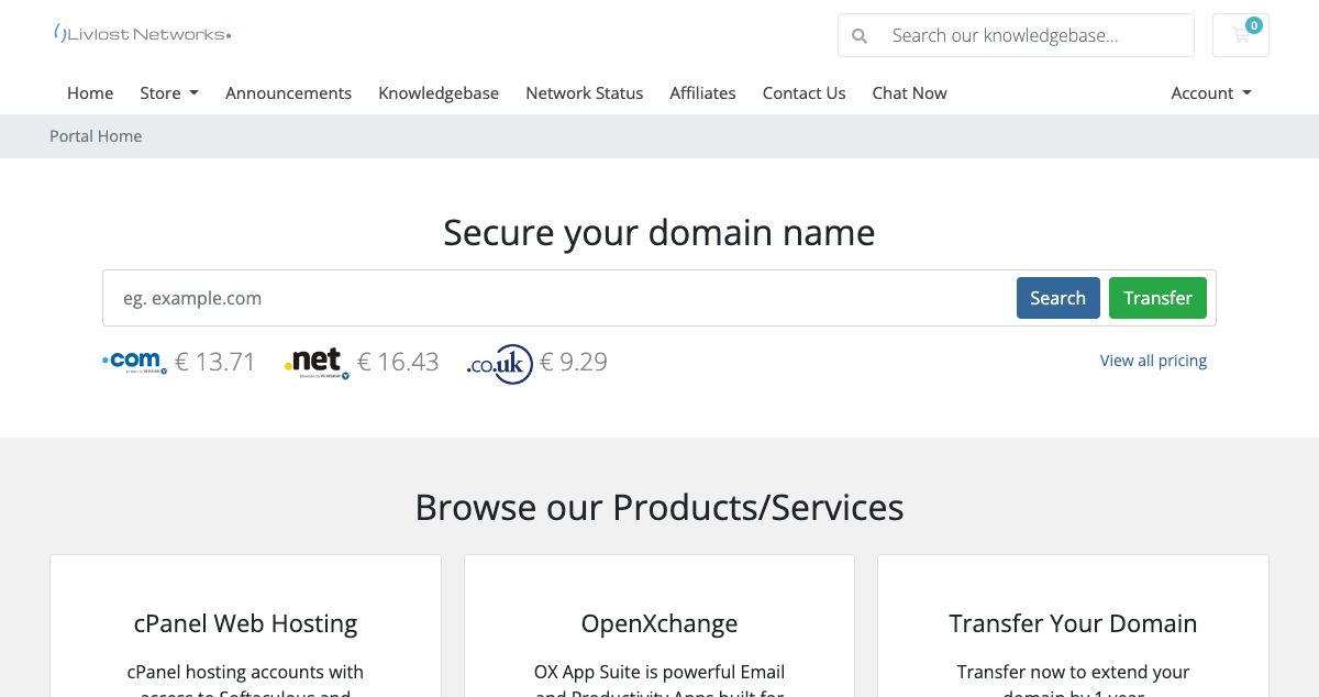 Homepage of Livlost Networks hosting