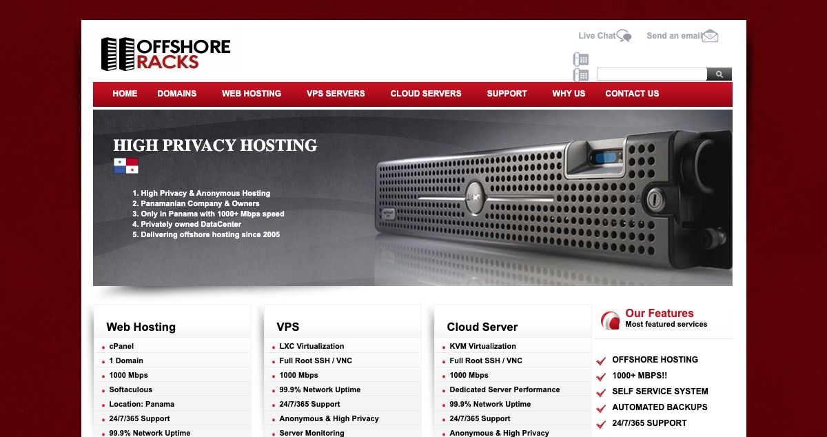 Homepage of offshoreRacks.com hosting